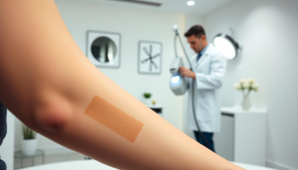 A clean, well-lit studio setting showcasing the advantages of professional laser tattoo removal. In the foreground, a person's arm or leg reveals the gradual fading of a tattoo, with the skin appearing smoother and more even-toned. In the middle ground, a technician in a white lab coat operates a high-tech laser device, its beam precisely targeting the pigment. The background features minimalist decor, creating a clinical yet calming atmosphere. Soft, directional lighting highlights the process, emphasizing the safety and precision of the laser treatment. An overall sense of relief, rejuvenation, and the promise of a fresh start.