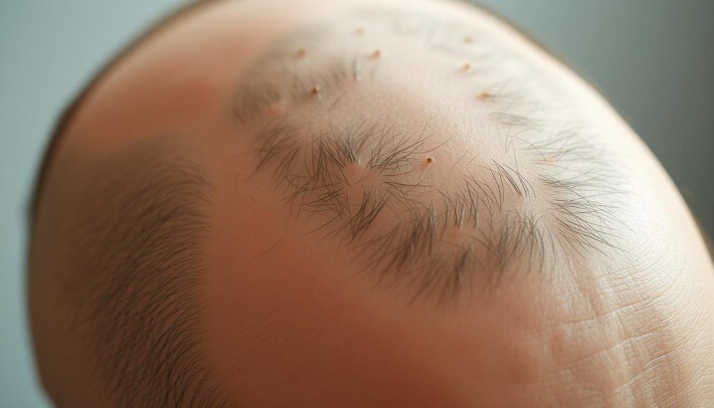 A close-up of a person's scalp, the skin textured with fine lines and small, sparse hairs. The focus is on the crown area, where the hair appears thin and patchy. The lighting is soft and diffused, casting gentle shadows that accentuate the contours of the scalp. The background is blurred, keeping the attention on the intricate details of the scalp and the emerging hair. The overall tone is one of anticipation and hope, as the image represents the target area for a innovative hair loss treatment.