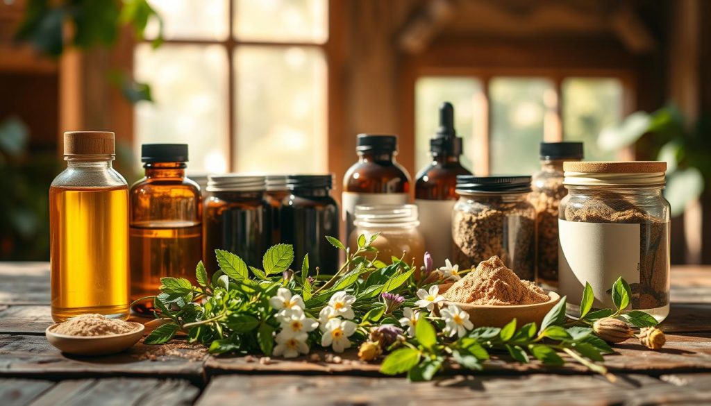 A lush, sun-dappled scene of natural hair care products arranged artfully on a rustic wooden table. In the foreground, an assortment of glass jars filled with organic oils, butters, and powders, their earthy hues and textured surfaces inviting closer inspection. The middle ground features a handful of fresh herbs and flowers, their vibrant greens and delicate petals complementing the hair care items. In the background, a soft-focus window allows natural light to filter in, casting a warm, gentle glow over the entire composition. The mood is one of serene, holistic self-care, inviting the viewer to imagine the nourishing, restorative properties of these natural hair treatments.