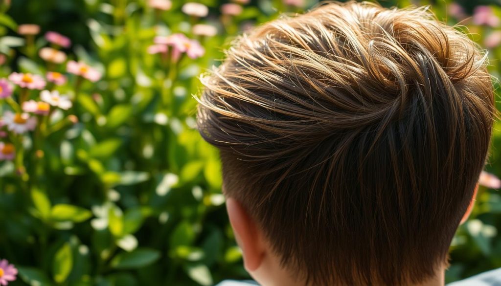 A lush, verdant garden filled with thriving plants and flowers serves as the backdrop. In the foreground, a close-up view of a human head with short, healthy hair strands emerging from the scalp. The hair appears thicker, fuller, and more vibrant, illuminated by soft, natural lighting that casts gentle shadows. The scene conveys a sense of rejuvenation and renewed growth, capturing the beneficial effects of microneedling on hair follicles. The overall composition and mood evoke a serene, tranquil atmosphere, emphasizing the restorative power of this innovative hair treatment.