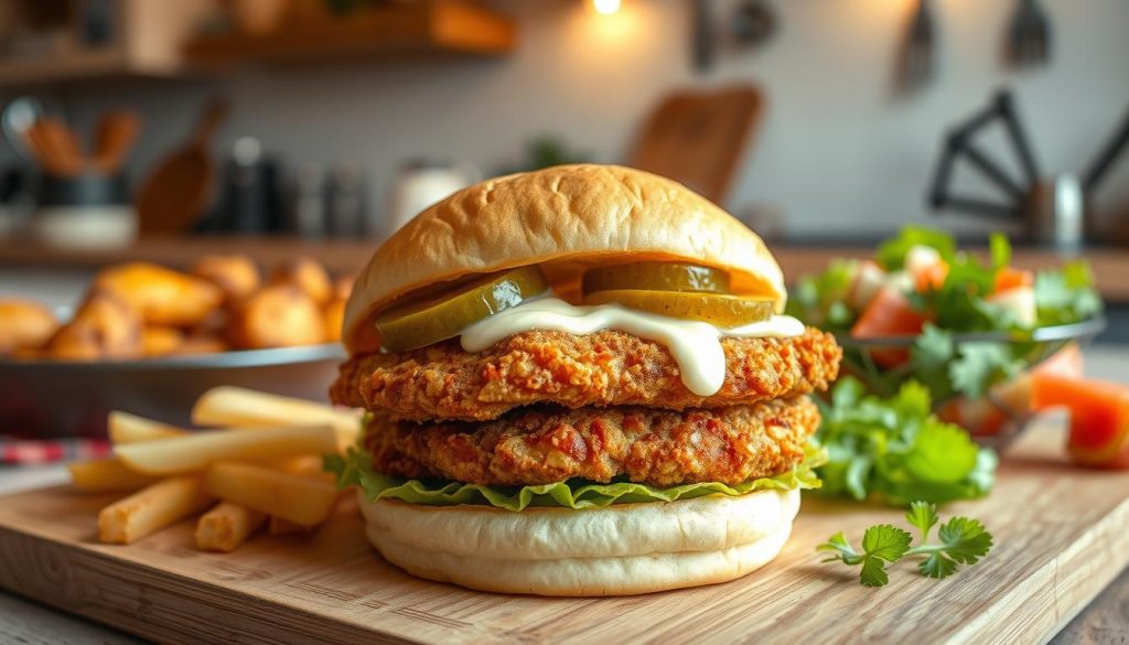 A vibrant scene of a mother's quick and easy cuisine, with a delightful chicken cutlet burger taking center stage. The foreground features the freshly fried golden-brown breaded chicken, nestled between soft buns, with glistening pickles, crisp lettuce, and a drizzle of creamy sauce. In the middle ground, a selection of simple yet flavorful side dishes, such as roasted potatoes and a colorful salad, complement the main course. The background sets a cozy, homey atmosphere with a tidy kitchen counter, warm lighting, and a few scattered cooking utensils, conveying the idea of a time-saving, nourishing meal prepared with love. The overall mood is one of comfort, convenience, and the joyful satisfaction of a hearty, delicious family-friendly dish.