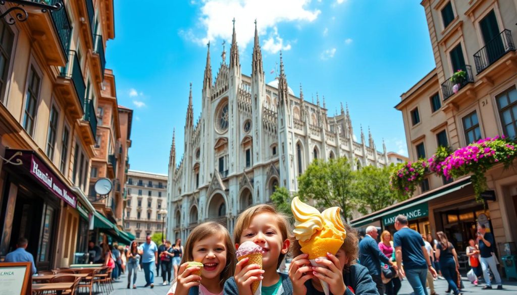 A bustling street in the heart of Milan, lined with quaint cafes and gelaterie. In the foreground, a group of children excitedly enjoying vibrant, creamy Italian gelato in an array of vibrant flavors - pistachio, stracciatella, and fragrant lemon. The mid-ground features the warm, sun-dappled facades of historic buildings, with wrought-iron balconies and window boxes overflowing with trailing flowers. In the background, the iconic Duomo di Milano rises majestically, its ornate Gothic spires reaching towards a cloudless azure sky. The scene exudes a lively, familial atmosphere, capturing the essence of Milan as a lively, welcoming destination for both locals and visitors to savor the joys of authentic Italian cuisine and culture.