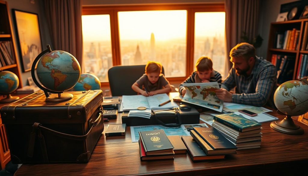 A family meticulously planning their round-the-world adventure, surrounded by globes, maps, and travel guides. In the foreground, a well-worn leather suitcase and a stack of colorful passports sit on a sturdy oak desk, hinting at the imminent journey. The middle ground features a cozy home office with a warm, amber-toned lighting, creating an atmosphere of anticipation and exploration. The background showcases a panoramic window, revealing a picturesque cityscape bathed in the golden glow of the setting sun, symbolizing the vast horizons that await this family's global expedition.