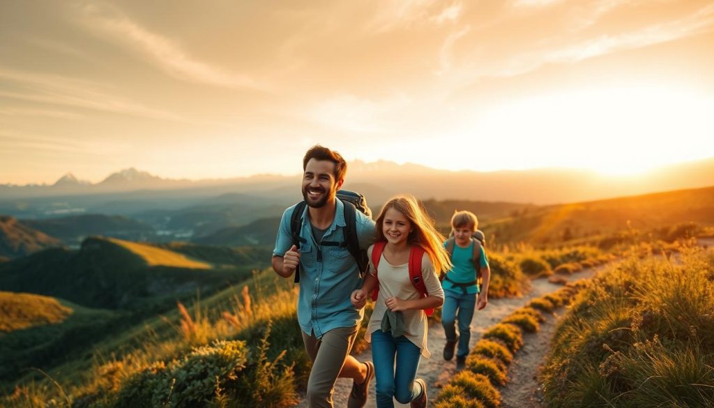 A family of four exploring the world together, trekking through lush, verdant landscapes under the warm embrace of a golden sunset. In the foreground, a father and mother guide their curious children along a winding path, their faces filled with wonder and adventure. Surrounding them, towering mountains and rolling hills stretch into the distance, their peaks capped with snow. The scene is bathed in a soft, dreamlike glow, conveying a sense of tranquility and the joy of shared discovery. A wide-angle lens captures the expansive vista, inviting the viewer to join this family on their journey of a lifetime.