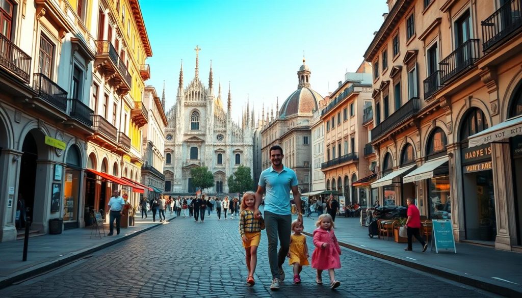 A vibrant cityscape of Milan, Italy, captured on a sunny day. In the foreground, a family of four - a mother, father, and two young children - strolling along a bustling cobblestone street, taking in the sights and sounds of the historic city. The middle ground features the iconic Duomo di Milano, its grand gothic architecture bathed in warm, golden light. In the background, a network of charming alleyways and charming piazzas, dotted with cafes and boutiques, invite exploration. The scene conveys a sense of relaxation and discovery, with the family at the heart of the image, immersed in the lively, family-friendly atmosphere of Milan.