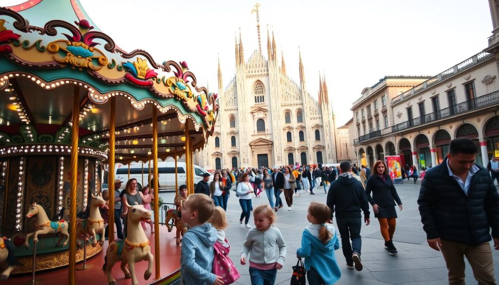 A vibrant guided tour through the bustling streets of Milan, showcasing the city's whimsical charm for children. In the foreground, a group of excited youngsters explore a colorful carousel, its spinning horses and twinkling lights casting a delightful glow. In the middle ground, families stroll along a lively piazza, taking in the sights of historic buildings and street performers. The background features the iconic Duomo di Milano, its gothic spires reaching towards the sky, bathed in a warm, golden light. The atmosphere is one of wonder and discovery, with a sense of playfulness and adventure permeating the scene.