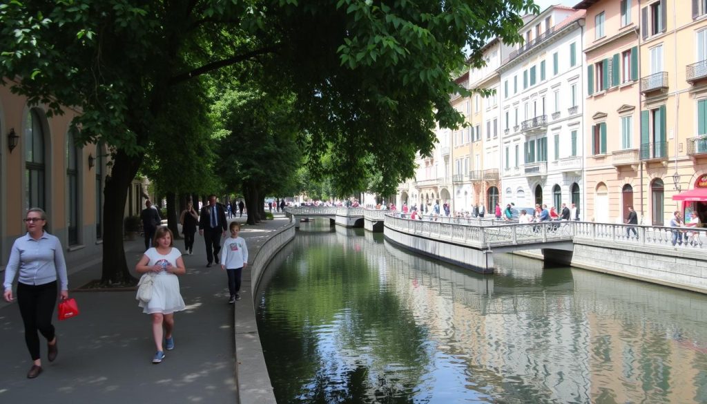 Image des canaux de Navigli avec des familles se promenant le long des quais