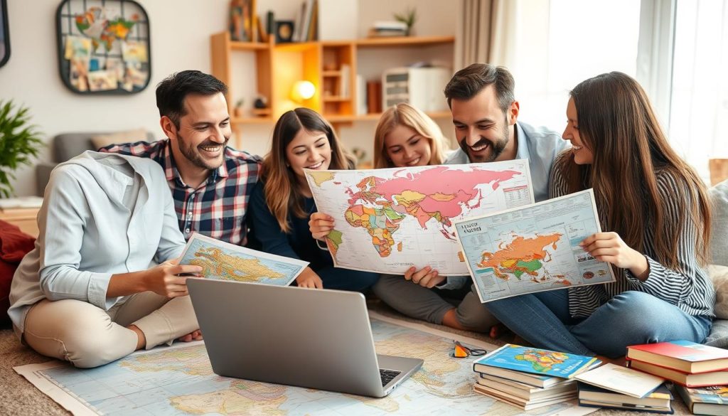 Image d'une famille planifiant son voyage autour du monde