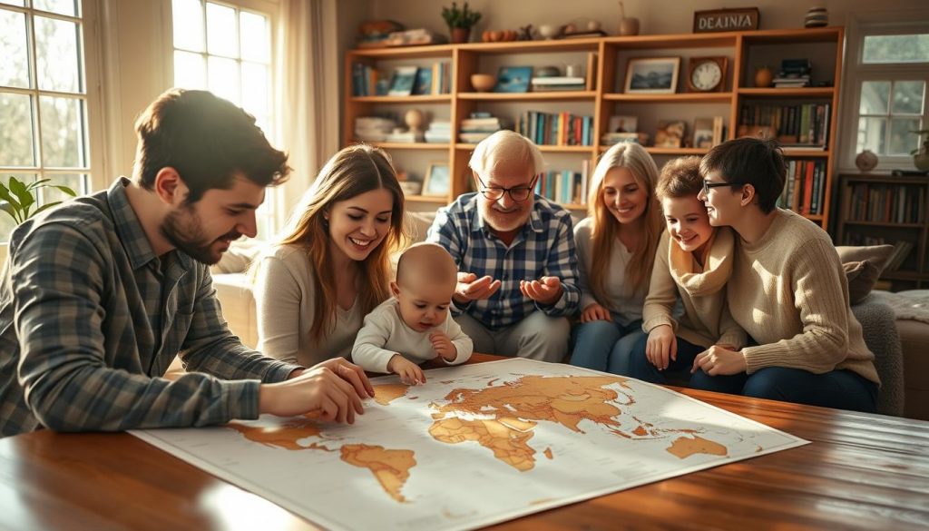 Warm, sun-dappled family portrait of a multi-generational group planning a round-the-world trip. In the foreground, a young couple with a toddler pore over a large map on a wooden table, fingers tracing potential routes. In the middle ground, grandparents and older siblings discuss itinerary details, gesturing animatedly. The background depicts a cozy living room, shelves brimming with travel guides and mementos from past adventures. Soft natural lighting filters through large windows, casting a golden glow over the scene. Feelings of excitement, anticipation, and togetherness permeate the composition.