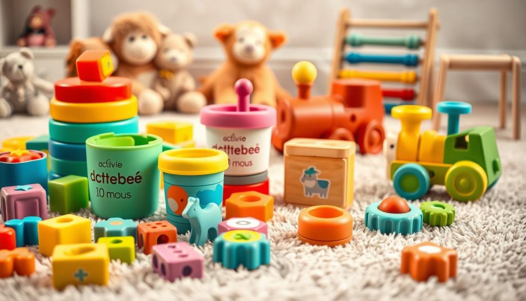 A cheerful, vibrant scene of educational baby toys on a soft, textured rug. In the foreground, a variety of colorful, tactile blocks, rattles, and shape sorters invite curious exploration. In the middle ground, a set of "activité bébé 10 mois" branded stacking cups and a push-pull wooden train add developmental stimulation. The background features a selection of plush, friendly animal figures and a wooden abacus, all bathed in warm, diffused lighting that creates a cozy, inviting atmosphere perfect for a 10-month-old's playtime. The composition is balanced, the colors are vivid, and the toys are arranged in an engaging, visually appealing manner.