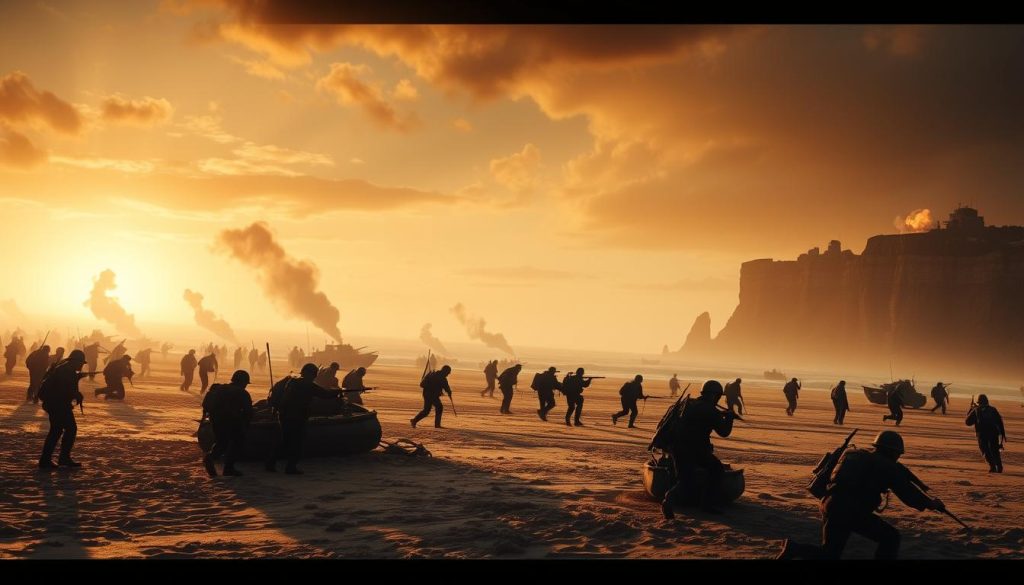 A panoramic, cinematic scene of the "visite plage du débarquement" on D-Day, the pivotal World War II battle. In the foreground, landing crafts disgorge determined soldiers onto the sandy Normandy shores, their silhouettes backlit by the rising sun. In the middle ground, smoke plumes and explosions punctuate the chaos of battle, while in the distance, the imposing cliffs of Pointe du Hoc loom, their gun emplacements bristling. The scene is imbued with a sense of urgency, the weight of history palpable in the dramatic lighting and dynamic camera angle. Convey the magnitude of this historic moment through a striking, immersive visual experience.