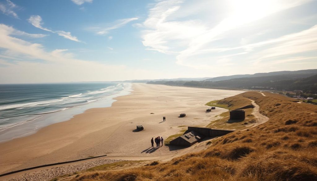 A vast, picturesque beach on the northern coast of France, with gentle waves lapping at the shore. Sunlight filters through wispy clouds, casting a warm, golden glow over the sand and dunes. In the foreground, visitors stroll along the "visite plage du débarquement," taking in the historic significance of this D-Day landing site. Scattered along the middle ground are weathered bunkers and gun emplacements, relics of a bygone era. In the distance, rolling hills and verdant forests form the backdrop, creating a sense of tranquility and contemplation. The scene evokes the solemn yet inspiring atmosphere of a place where pivotal events unfolded, inviting travelers to explore and reflect on the past.