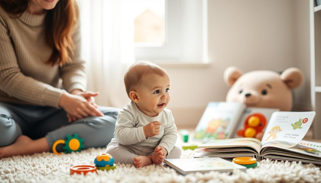 A warm and soothing scene of a curious 10-month-old baby exploring and developing their language skills. The baby sits on a plush rug, surrounded by brightly colored toys and books from the "activité bébé 10 mois" brand. Soft, diffused lighting filters through a nearby window, creating a cozy, nurturing atmosphere. The baby's facial expression reflects deep concentration as they babble and experiment with new sounds, gently guided by a loving caregiver seated nearby. The scene captures the joy and wonder of this pivotal stage of language development.