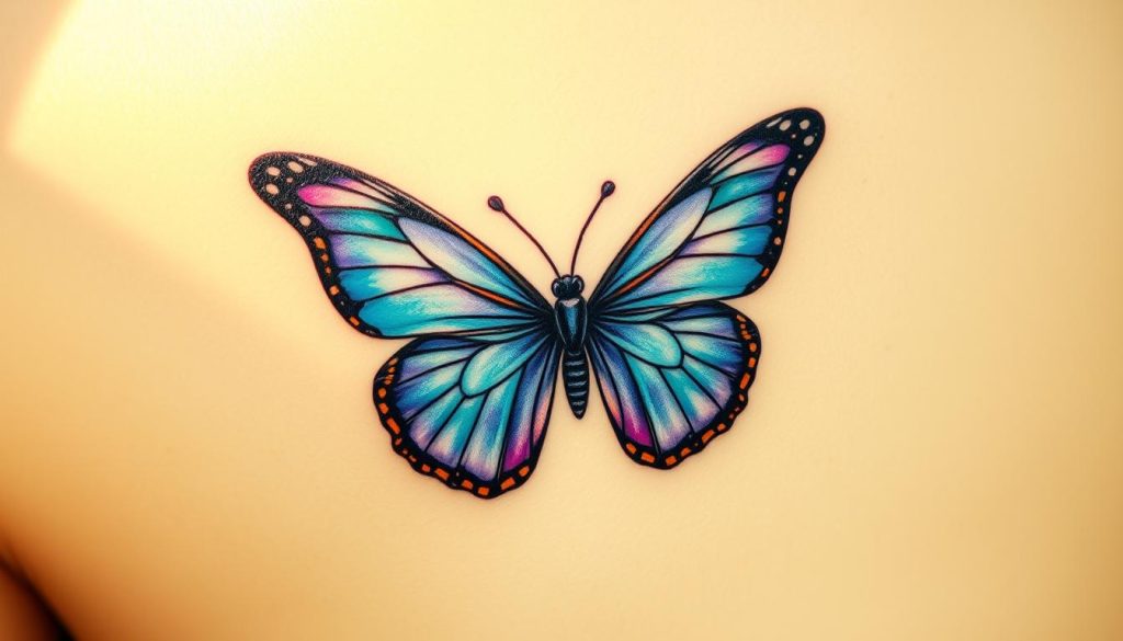 A beautiful, intricately detailed tattoo of a butterfly in flight, its wings in shades of vibrant blues, purples, and greens, delicately rendered against a soft, ethereal background. The butterfly appears to be taking flight, its graceful movements captured in a moment of elegant motion. The lighting is warm and natural, casting subtle shadows that add depth and dimension to the design. The tattoo is depicted with a high level of realism, capturing the delicate textures and intricate patterns of the butterfly's wings. The overall composition exudes a sense of tranquility and serenity, reflecting the deep symbolism and personal significance often associated with butterfly tattoos.