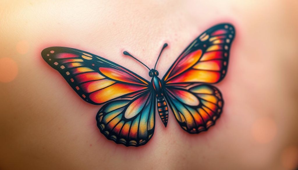 A beautifully detailed butterfly tattoo, its vibrant wings spreading across the skin in a delicate, ethereal display. The design features intricate patterns and textures, capturing the essence of this symbolic creature. The butterfly is illuminated by a warm, soft light, casting gentle shadows that accentuate its graceful form. The composition is well-balanced, with the tattoo occupying the central focus, surrounded by a serene, dreamlike background. The overall atmosphere evokes a sense of transformation, freedom, and the delicate beauty of nature.