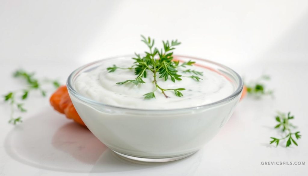 A bright and fresh lemon-yogurt sauce, garnished with a vibrant mix of aromatic herbs, presented in a sleek glass bowl. The sauce glistens under natural light, its creamy texture inviting the viewer to imagine its tangy and herbal flavors. In the background, a simple white backdrop allows the sauce to be the sole focus, showcasing its potential to elevate a salmon dish with its balance of tart, cool, and verdant notes. The composition is clean and minimalist, highlighting the sauce's simplicity and versatility as the perfect accompaniment to the rich, flavorful salmon.