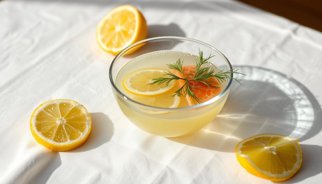 A delicate glass bowl filled to the brim with freshly squeezed lemon juice, nestled atop a crisp white tablecloth. Vibrant lemon slices and a sprig of fragrant dill provide a colorful garnish, casting soft shadows across the gleaming surface. The lighting is natural and diffused, creating a warm, inviting atmosphere that evokes the essence of a classic French cuisine. The composition is balanced and symmetrical, with the bowl positioned centrally to draw the viewer's eye. This image captures the simplicity and elegance of the classic pairing of lemon and dill, perfectly suited to complement the richness of salmon.