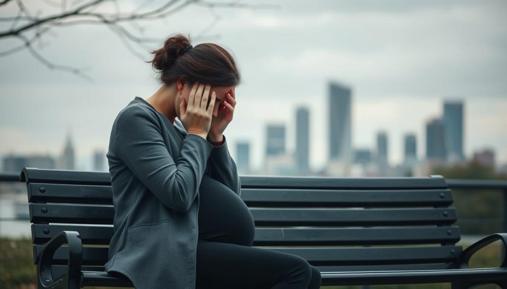 A pregnant woman sits alone on a park bench, her head in her hands, her face etched with worry. The background is a blurred cityscape, the gray skies mirroring her somber mood. The lighting is soft and diffused, casting gentle shadows that highlight the tension in her posture. The lens is slightly wide, capturing her isolation and the weight of the situation. The overall atmosphere is one of contemplation and unease, reflecting the challenges she faces in her workplace during this delicate time.