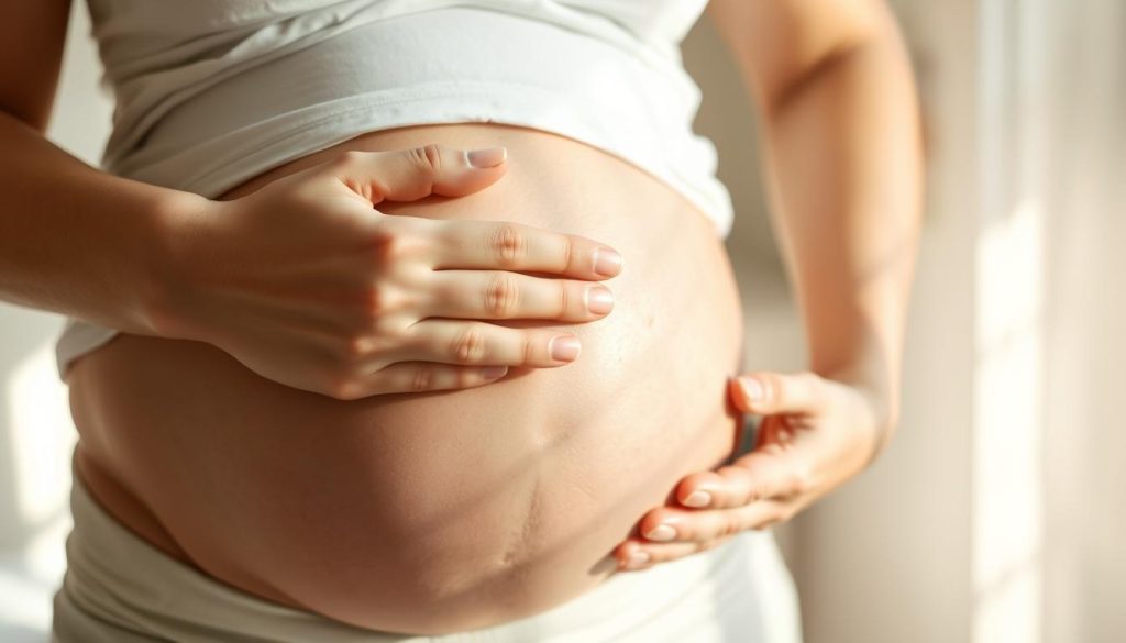 A delicate, cherished moment captured in soft, natural light. A woman's hand gently cradling her slightly swollen belly, the first signs of new life blossoming within. The scene exudes a serene, introspective mood, with a warm, earthy color palette that evokes the wonder and anticipation of the first trimester. The composition is balanced, placing the woman's hand in the foreground, framed by the gentle curves of her abdomen. The background is softly blurred, allowing the focus to remain on this intimate, transformative experience.