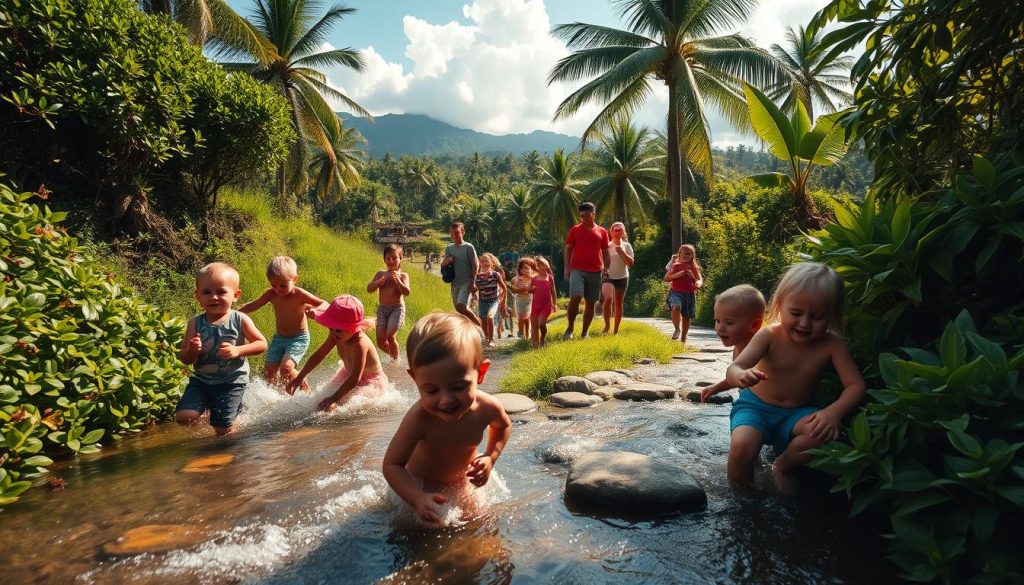 A group of happy, playful children exploring a lush, tropical landscape on the island of Bali. In the foreground, a diverse array of youngsters - some splashing in a crystal-clear stream, others chasing colorful butterflies through verdant foliage. In the middle ground, families strolling along a winding path, gazing in wonder at the majestic, sun-dappled scenery. In the background, towering palm trees sway gently in a warm breeze, as fluffy white clouds drift overhead. Warm, golden lighting bathes the scene, creating a serene, welcoming atmosphere that captures the joy and wonder of a "voyage à bali en famille".