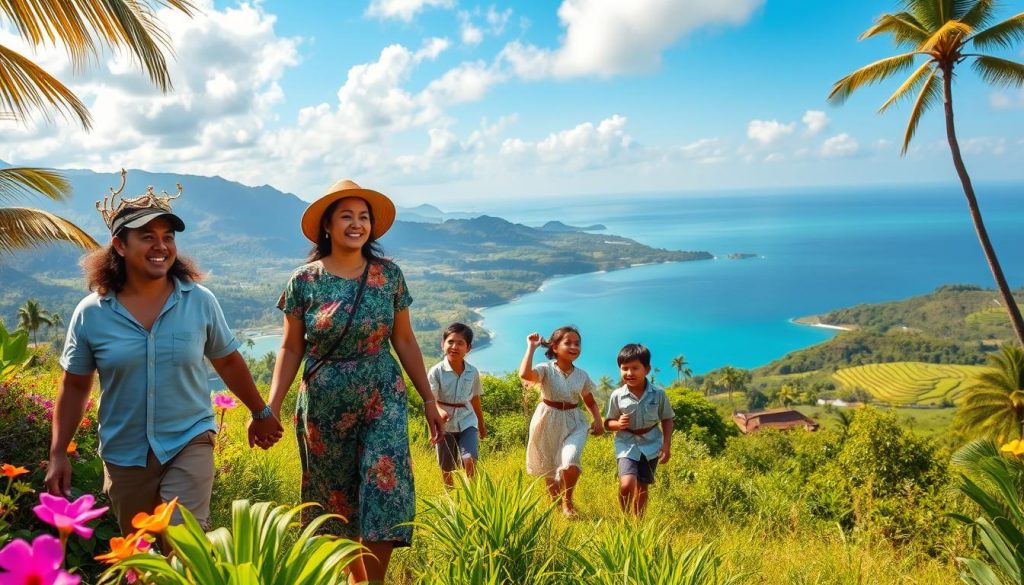 A happy Balinese family exploring the lush tropical paradise of Bali. In the foreground, a smiling couple strolls hand-in-hand, surrounded by vibrant flowers and swaying palm trees. Their children, dressed in traditional Balinese attire, play joyfully in the middle ground, their laughter echoing through the serene landscape. In the background, a stunning vista of rolling hills, terraced rice paddies, and the shimmering azure of the ocean create a breathtaking backdrop. The warm, golden sunlight casts a soft, inviting glow, capturing the essence of "voyage à bali en famille" - a family adventure in the enchanting island of Bali.