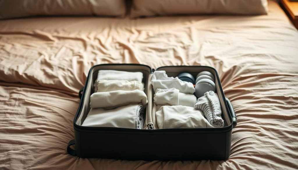 A neatly organized maternity suitcase sits on a neutral-toned bedsheet, filled with essential items for the hospital stay. The suitcase is open, revealing carefully folded clothes, toiletries, and baby accessories. Soft, diffused lighting from an overhead source casts a warm, calming glow, highlighting the careful preparation and attention to detail. The composition emphasizes the importance of being ready and organized, conveying a sense of anticipation and excitement for the impending arrival. The overall scene evokes a sense of comfort and readiness, reflecting the importance of preparing a maternity suitcase in advance.
