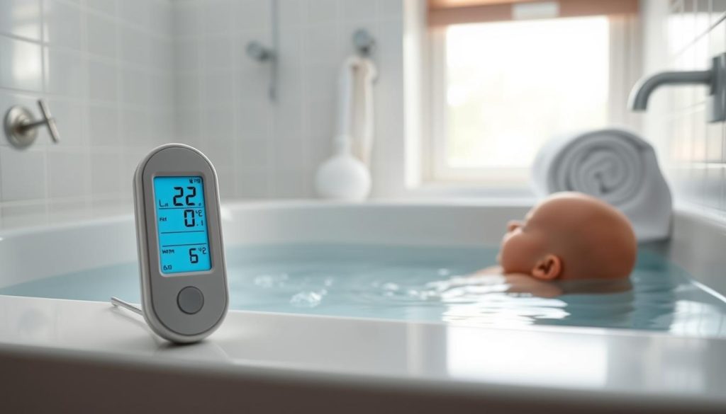 A serene and tranquil scene of a soothing, lukewarm bath for a baby, with the water temperature displayed on a digital thermometer. The thermometer is placed in the foreground, its display clearly visible, showcasing the ideal water temperature range for a comfortable and safe baby bath. The mid-ground features a calming and inviting bathtub, filled with crystal-clear water and surrounded by soft, plush towels and gentle steam. The background is a serene, minimalist bathroom setting, with clean, tiled walls and soft, natural lighting filtering in from a window, creating a peaceful and nurturing atmosphere. The overall composition conveys a sense of security, care, and expert-recommended best practices for maintaining the optimal temperature for a baby's bath.