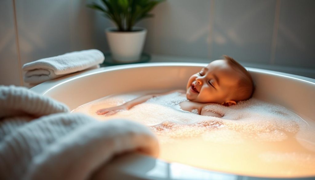 A serene bathroom scene, with a baby relaxing in a tub filled with warm, bubbly water. Soft, diffused lighting illuminates the tranquil moment, casting a gentle glow on the infant's content expression. The tub is positioned in the foreground, surrounded by plush towels and soothing, natural elements like smooth river stones and a potted plant. The background is blurred, allowing the viewer to focus on the baby's comfort and the ideal temperature of the bathwater. The overall atmosphere is one of care, relaxation, and the nurturing relationship between parent and child.