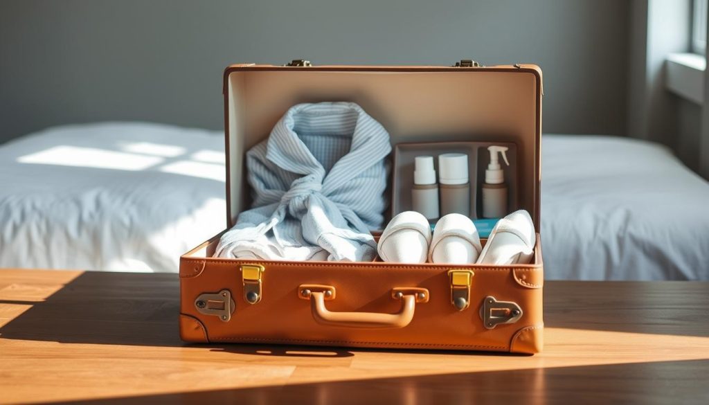 A stylish and organized maternity suitcase sits on a wooden surface, bathed in soft, natural lighting. The suitcase is made of high-quality, supple leather in a neutral, timeless color, with brass hardware accents. It is open, revealing carefully arranged essentials for the hospital stay - plush robes, nursing pajamas, slippers, and essential toiletries neatly packed. The background is blurred, creating a sense of focus on the suitcase's contents, representing the caretaking and preparation for the upcoming arrival. The overall mood is one of anticipation, comfort, and organization, conveying the purpose of a maternity suitcase as a practical and thoughtful item for the expecting parent.
