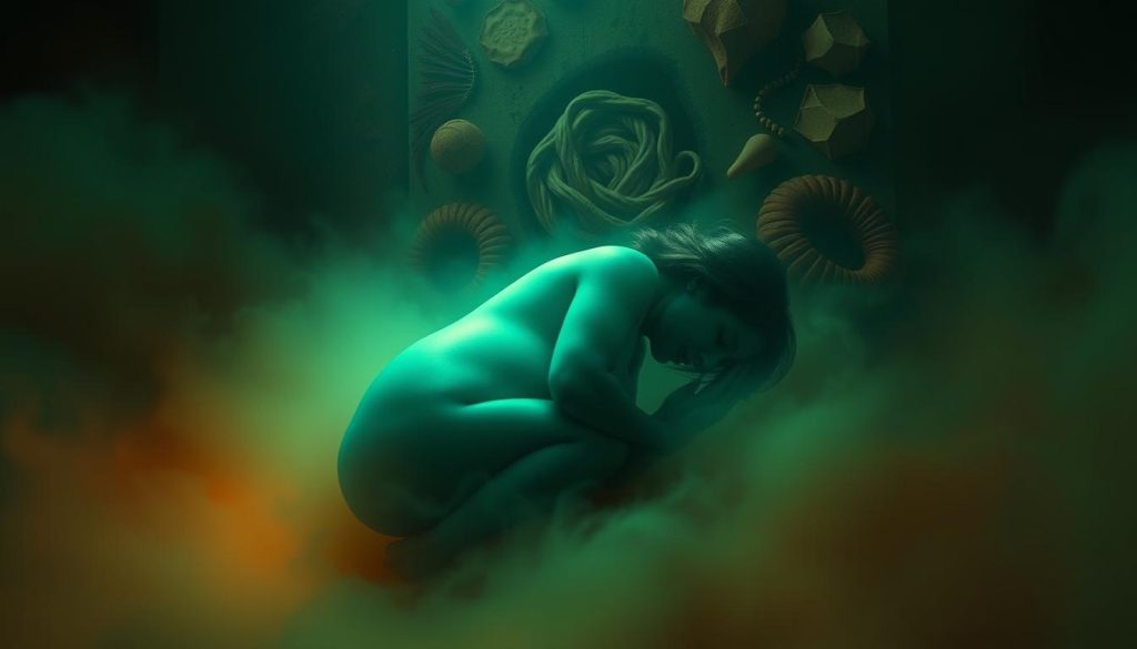 A vibrant, cinematic visual essay on the chronology of nausea experienced during pregnancy. A surreal, dreamlike composition featuring a central figure curled in a fetal position, enveloped in a shifting, undulating gradient of sickly greens, grays, and blues. The foreground is hazy and slightly out-of-focus, conveying a sense of disorientation and queasiness. In the background, a collage of organic, abstract shapes and forms evoke the visceral, physiological experience of morning sickness. Warm, low-angle lighting casts dramatic shadows, enhancing the moody, melancholic atmosphere. The overall effect is a visually striking, emotive representation of the cyclical, episodic nature of nausea in early pregnancy.